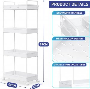 Ronlap Slim Rolling Cart, 4-Tier Rolling Storage Organizer, Rolling Cart on Wheels, with Basket, Dividers, White