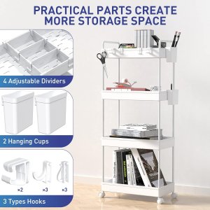 Ronlap Slim Rolling Cart, 4-Tier Rolling Storage Organizer, Rolling Cart on Wheels, with Basket, Dividers, White